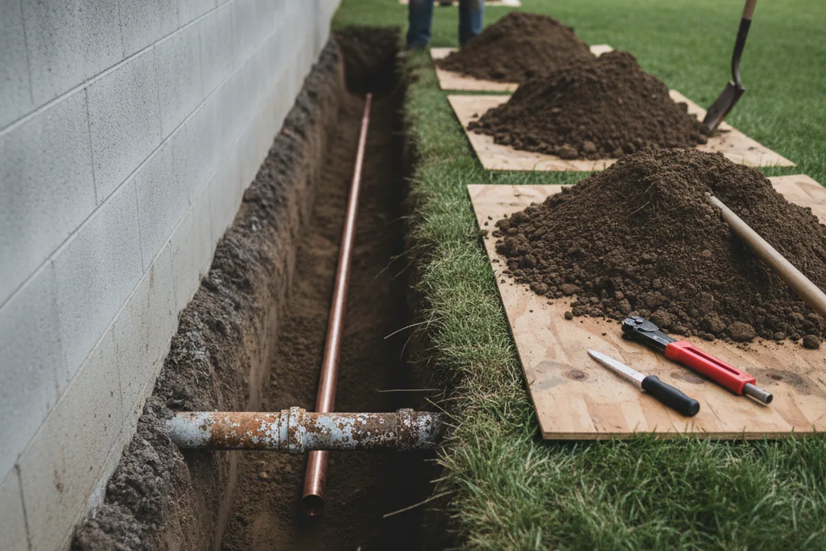 Excavated water line trench during Water Heater Repair in Sylvester